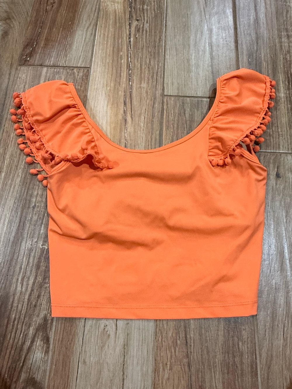 Kortni Jeane Orange Flounce Pom Pom Ruffle Swimsuit Top